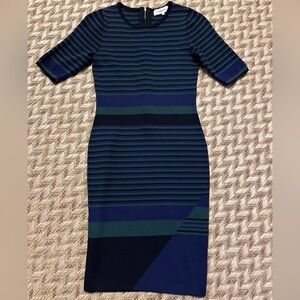 John + Jenn Knit Dress - Women's Medium Green Black Navy EUC - Striped Office